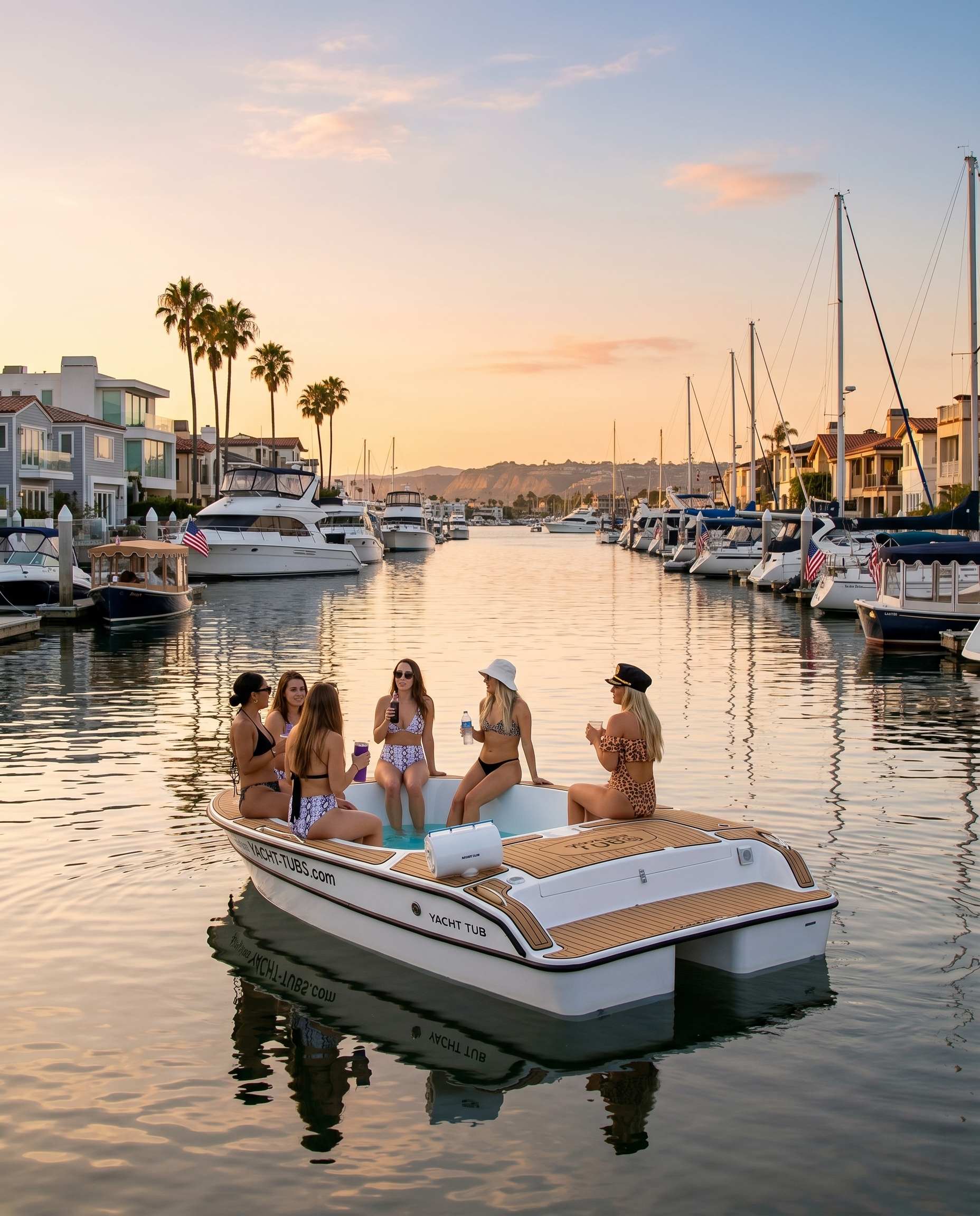 Friends relaxing together during a real sunset hot tub boat cruise in Newport Harbor