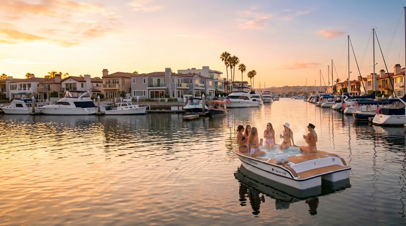 Luxury hot tub boat with guests in Newport Harbor at golden hour, with waterfront homes and yachts in the background