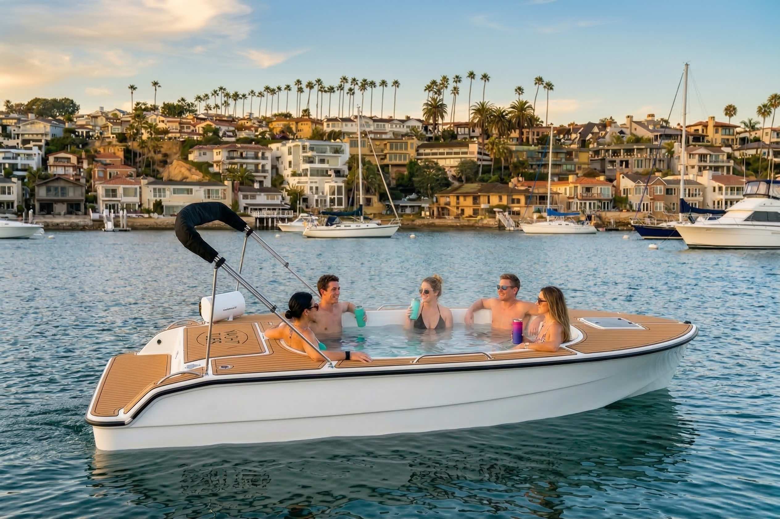 Five guests enjoying a real hot tub boat cruise in Newport Harbor